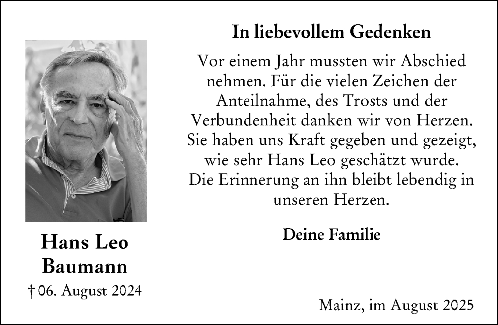 Traueranzeige für Hans Leo Baumann vom 09.08.2025 aus Allgemeine Zeitung Mainz