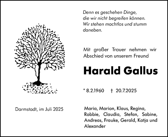 Traueranzeige von Harald Gallus von Darmstädter Echo