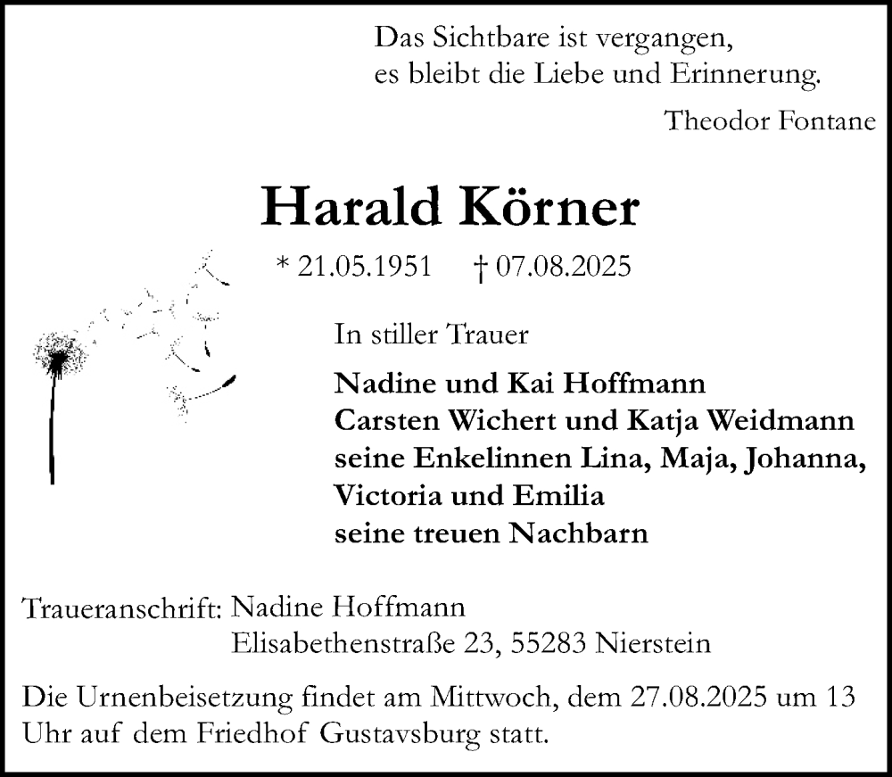  Traueranzeige für Harald Körner vom 23.08.2025 aus Allgemeine Zeitung Mainz