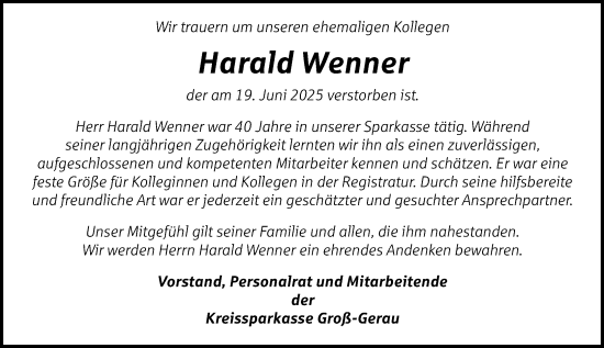 Traueranzeige von Harald Wenner von Groß-Gerauer Echo