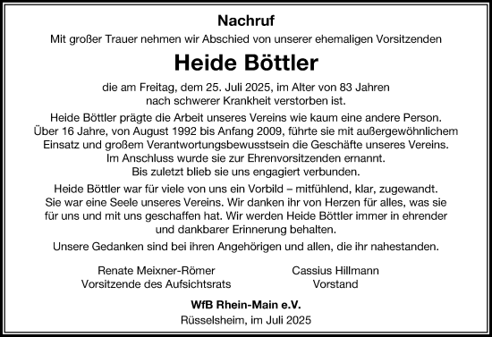 Traueranzeige von Heide Böttler von Rüsselsheimer Echo
