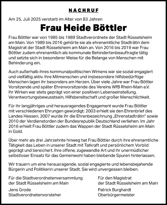 Traueranzeige von Heide Böttler von Rüsselsheimer Echo