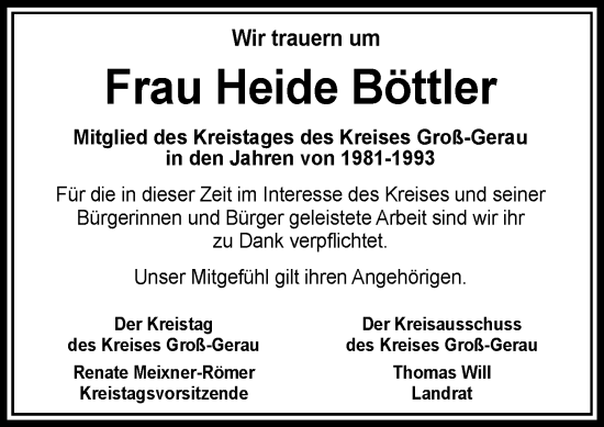 Traueranzeige von Heide Böttler von Rüsselsheimer Echo
