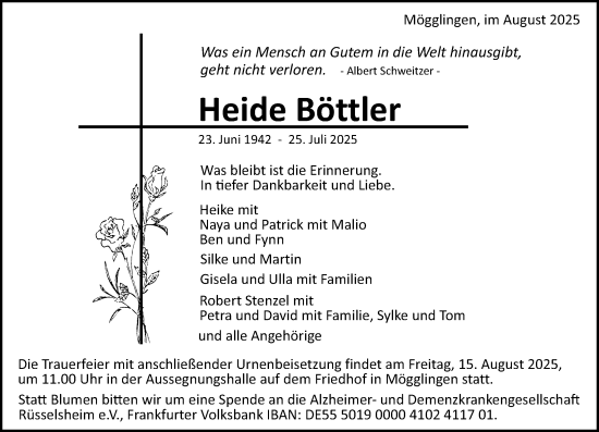 Traueranzeige von Heide Böttler von Rüsselsheimer Echo