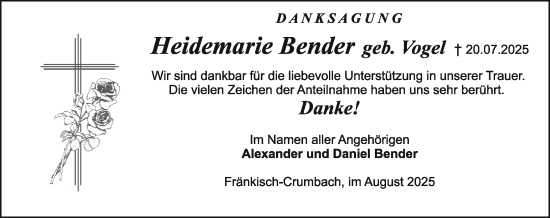 Traueranzeige von Heidemarie Bender von Odenwälder Echo