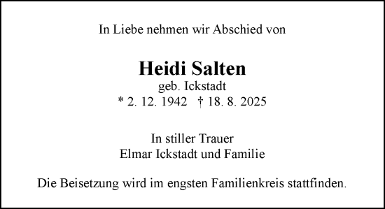 Traueranzeige von Heidi Salten von Allgemeine Zeitung Mainz