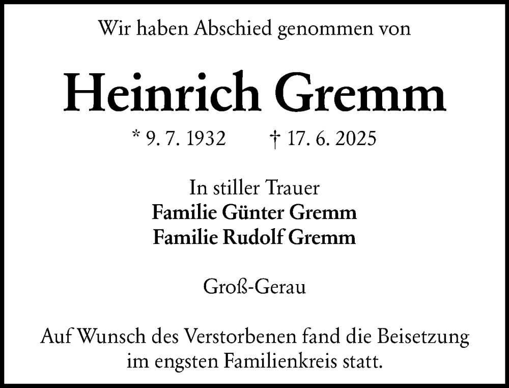  Traueranzeige für Heinrich Gremm vom 02.08.2025 aus Groß-Gerauer Echo