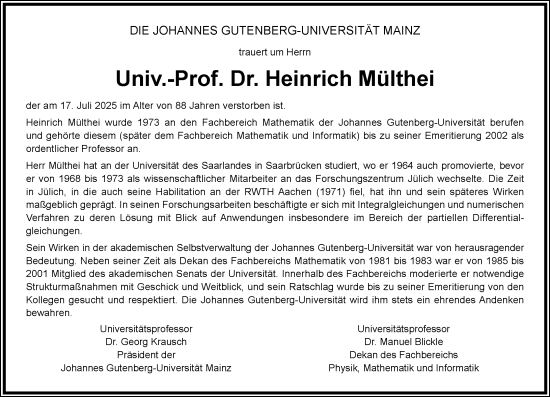 Traueranzeige von Heinrich Mülthei von Allgemeine Zeitung Mainz