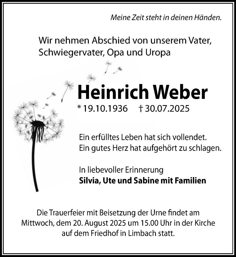  Traueranzeige für Heinrich Weber vom 16.08.2025 aus Wiesbadener Kurier