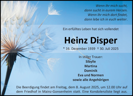 Traueranzeige von Heinz Disper von Allgemeine Zeitung Mainz