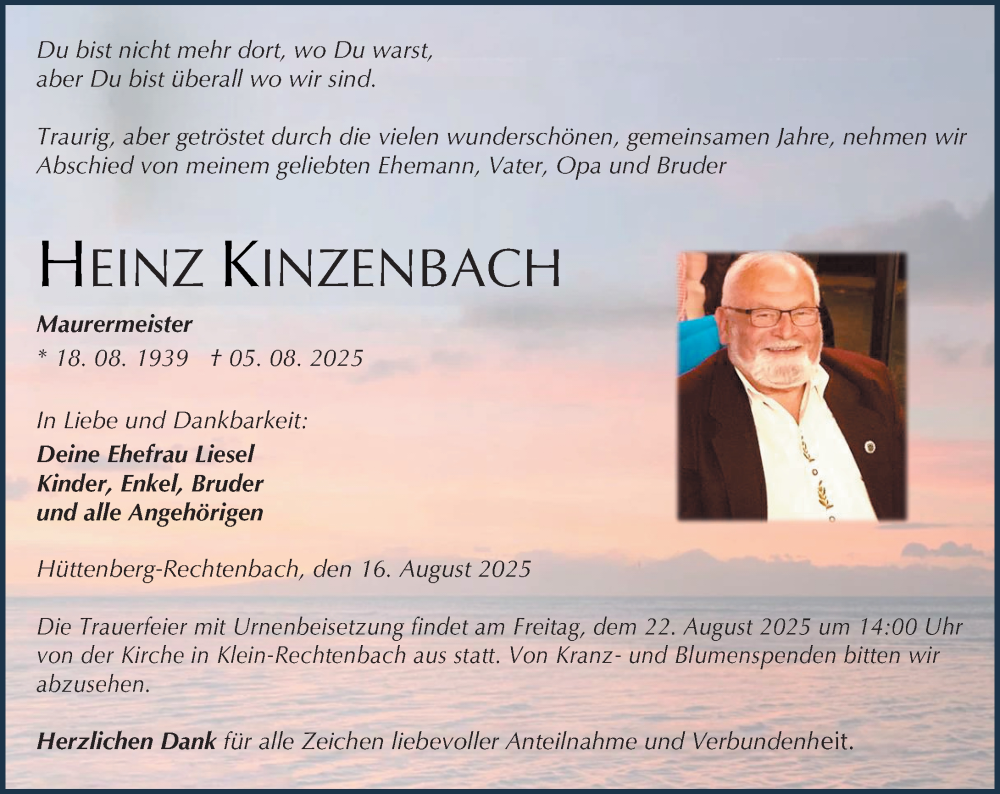  Traueranzeige für Heinz Kinzenbach vom 16.08.2025 aus Wetzlarer Neue Zeitung