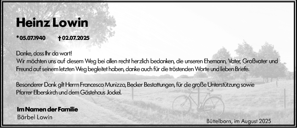  Traueranzeige für Heinz Lowin vom 09.08.2025 aus Groß-Gerauer Echo