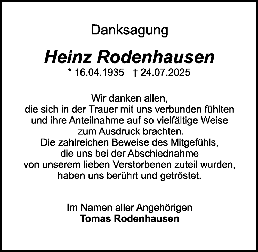  Traueranzeige für Heinz Rodenhausen vom 23.08.2025 aus Odenwälder Echo