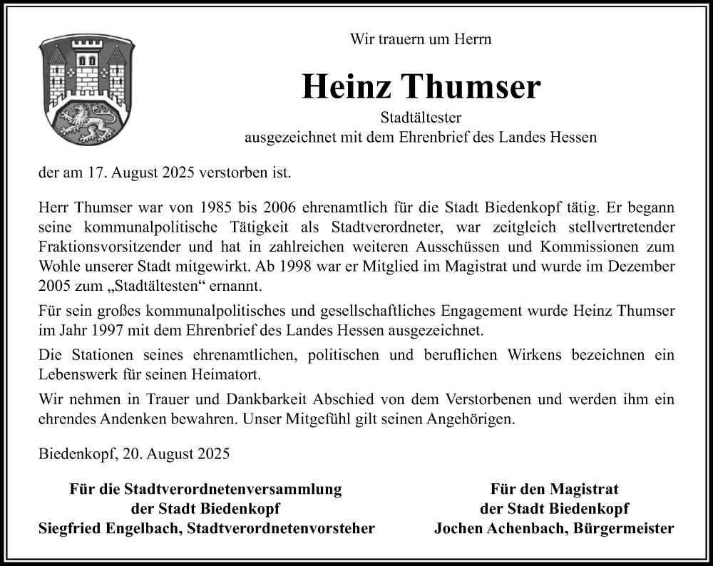  Traueranzeige für Heinz Thumser vom 22.08.2025 aus Hinterländer Anzeiger