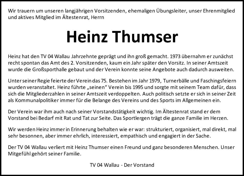  Traueranzeige für Heinz Thumser vom 22.08.2025 aus Hinterländer Anzeiger