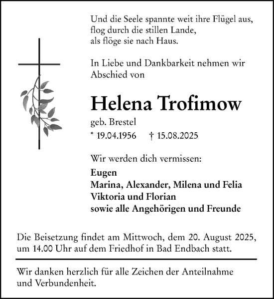 Traueranzeige von Helena Trofimow von Hinterländer Anzeiger