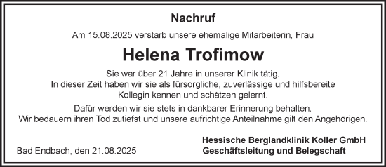 Traueranzeige von Helena Trofimow von Hinterländer Anzeiger