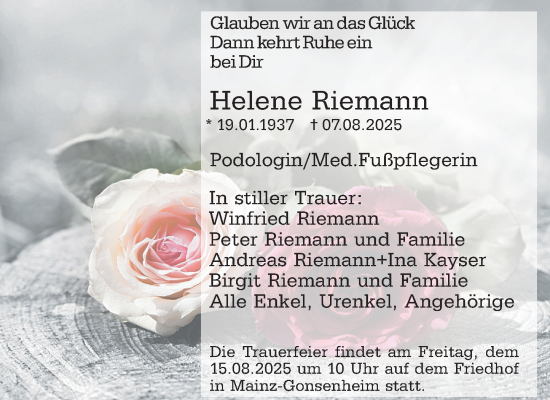 Traueranzeige von Helene Riemann von Allgemeine Zeitung Mainz