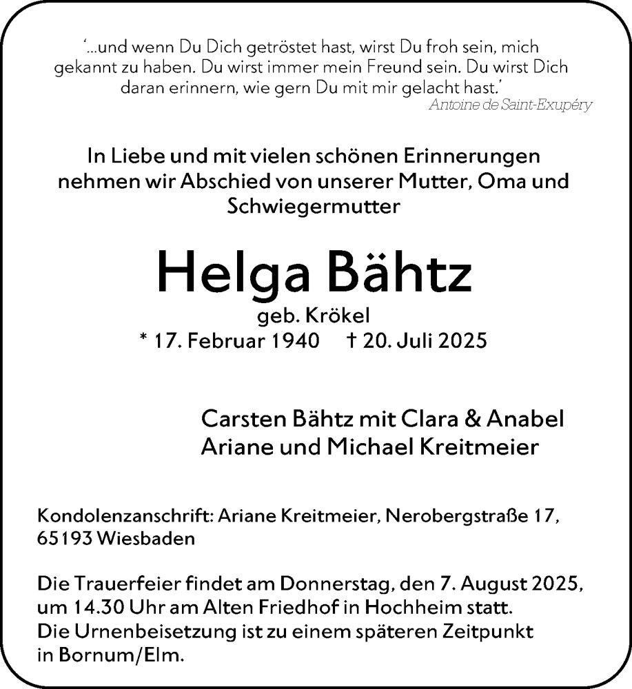  Traueranzeige für Helga Bähtz vom 01.08.2025 aus Hochheimer Zeitung