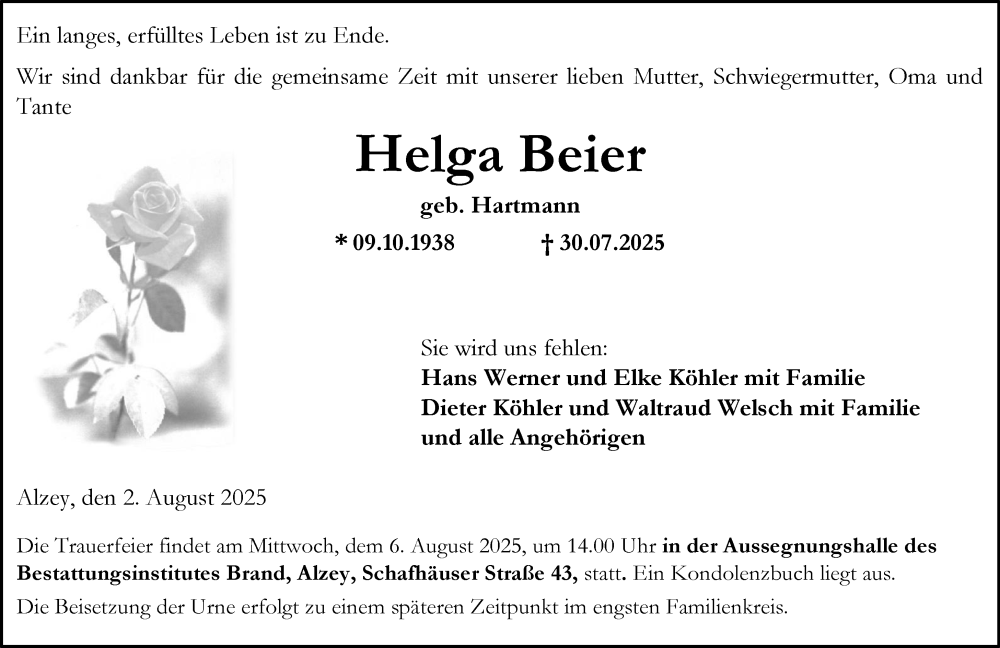  Traueranzeige für Helga Beier vom 02.08.2025 aus Allgemeine Zeitung Alzey