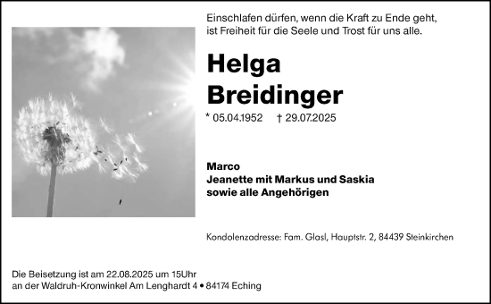 Traueranzeige von Helga Breidinger von Odenwälder Echo