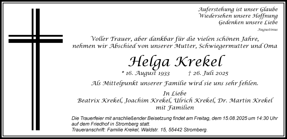  Traueranzeige für Helga Krekel vom 02.08.2025 aus Allgemeine Zeitung Rheinhessen-Nahe