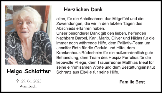 Traueranzeige von Helga Schlotter von Wiesbadener Kurier