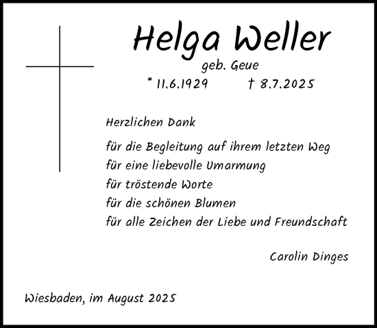 Traueranzeige von Helga Weller von Wiesbadener Kurier