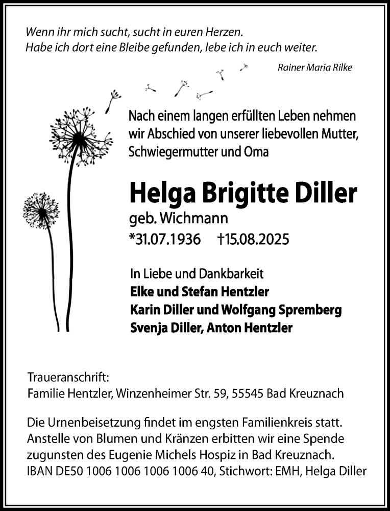  Traueranzeige für Helga Brigitte Diller vom 23.08.2025 aus Idsteiner Land/Untertaunus