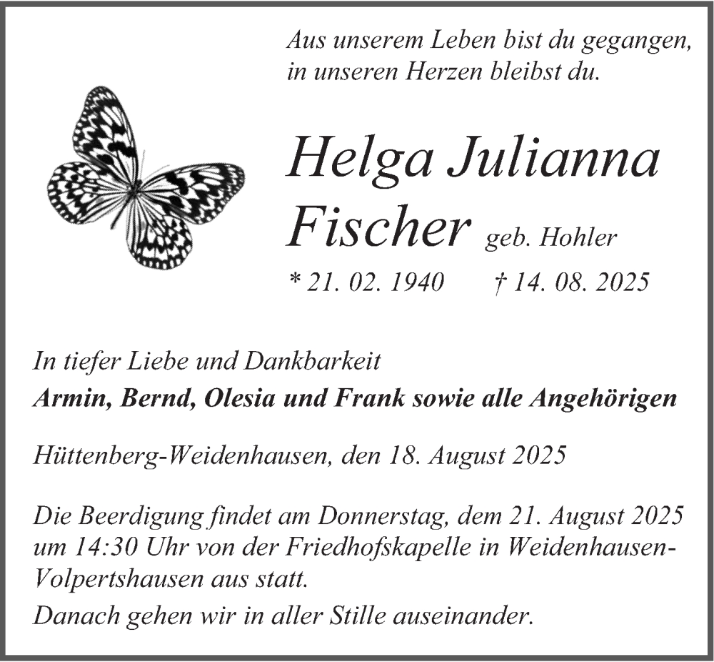  Traueranzeige für Helga Julianna Fischer vom 18.08.2025 aus Wetzlarer Neue Zeitung