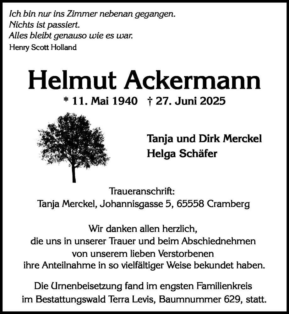  Traueranzeige für Helmut Ackermann vom 02.08.2025 aus Wiesbadener Kurier