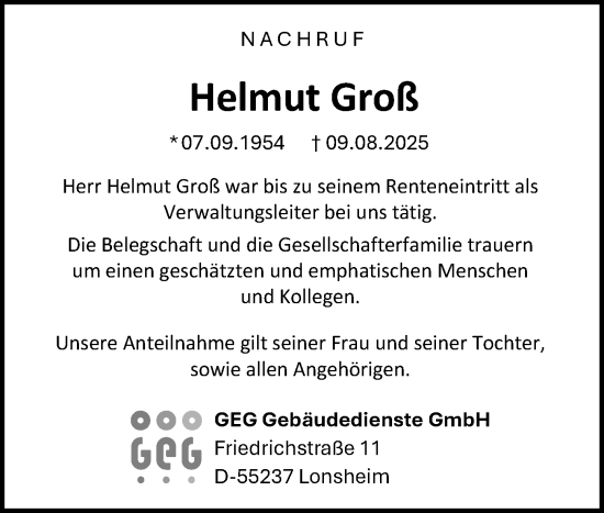 Traueranzeige von Helmut Groß von Allgemeine Zeitung Alzey