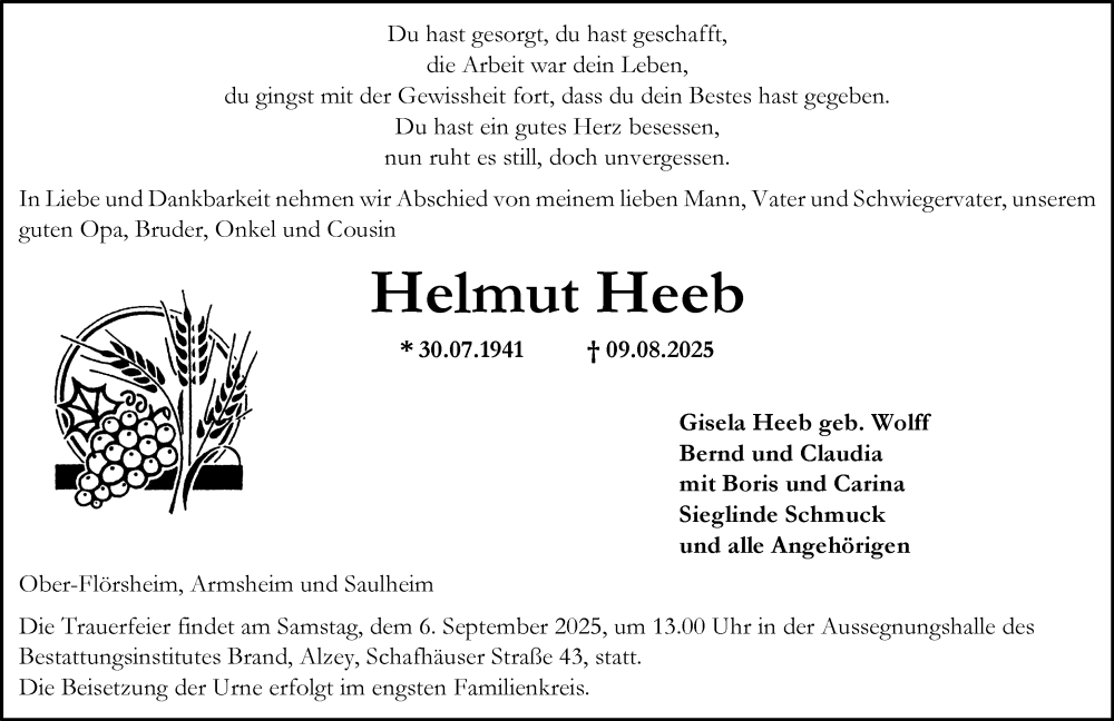  Traueranzeige für Helmut Heeb vom 23.08.2025 aus Allgemeine Zeitung Alzey