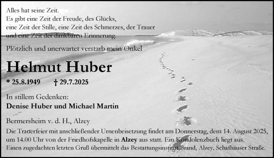 Traueranzeige von Helmut Huber von Allgemeine Zeitung Alzey