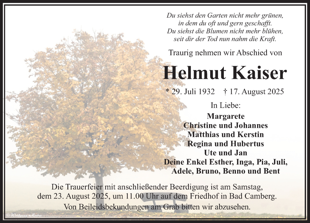  Traueranzeige für Helmut Kaiser vom 21.08.2025 aus Camberger Anzeiger