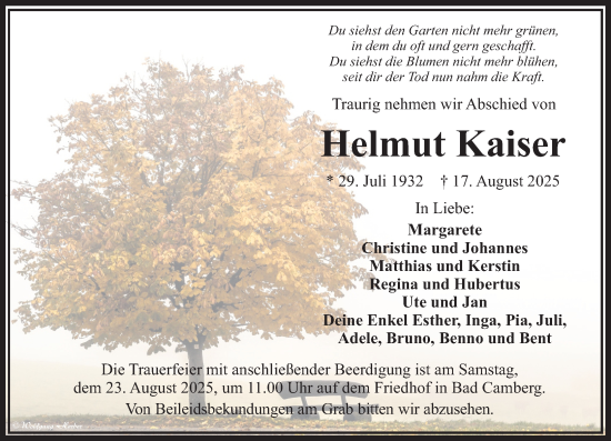 Traueranzeige von Helmut Kaiser von Camberger Anzeiger