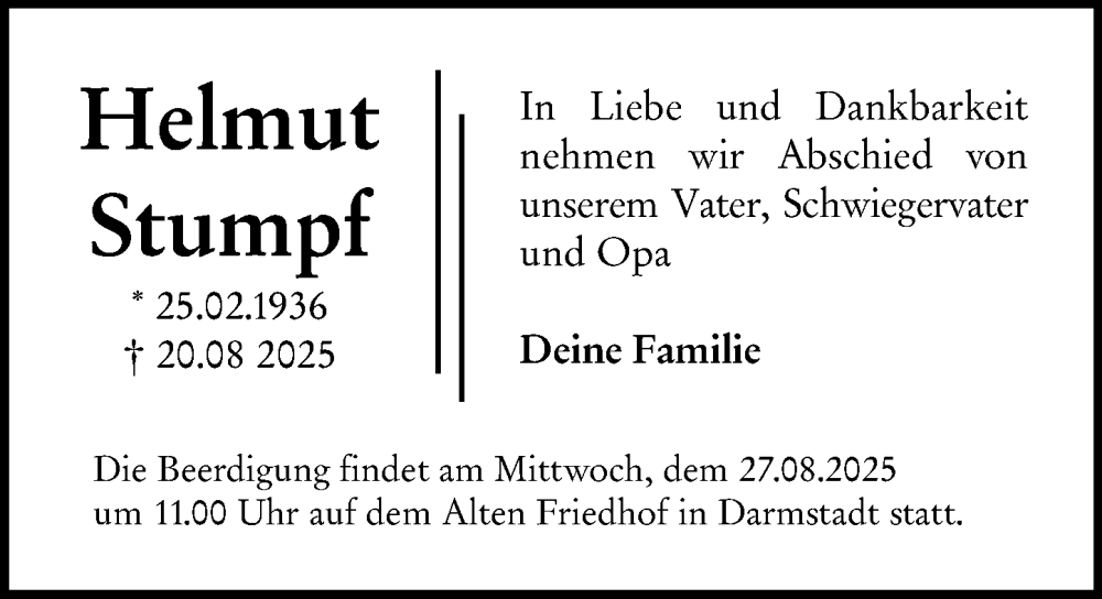  Traueranzeige für Helmut Stumpf vom 23.08.2025 aus Darmstädter Echo