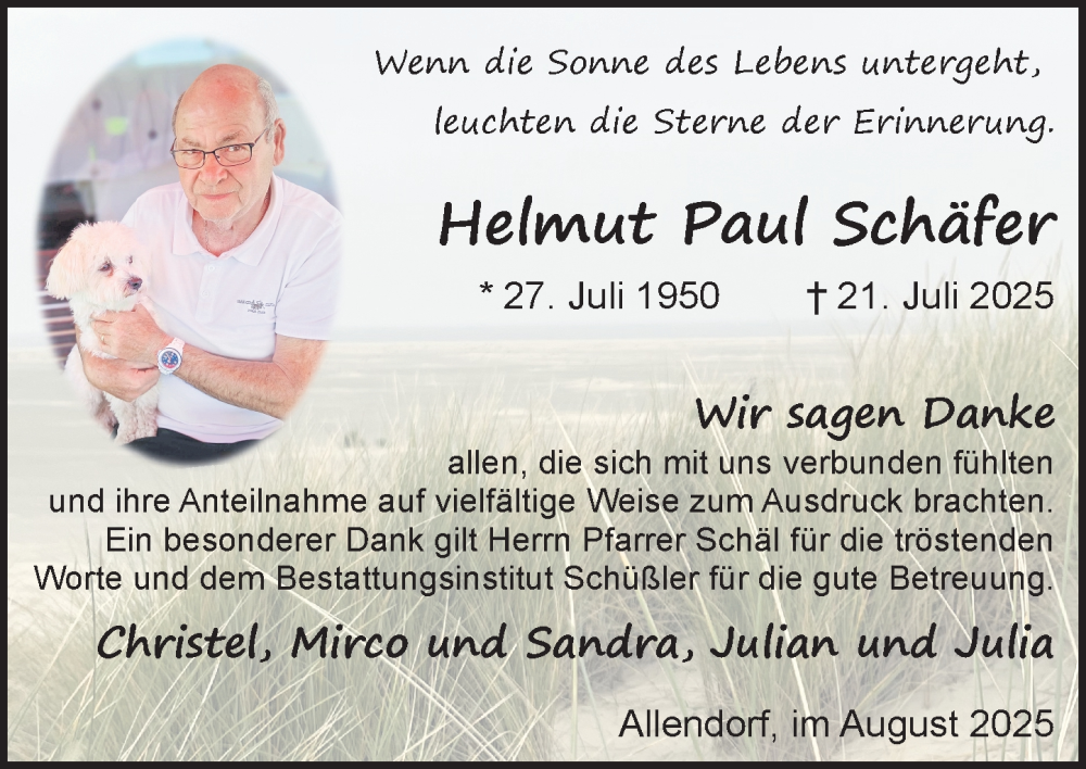 Traueranzeige für Helmut Paul Schäfer vom 23.08.2025 aus Dill Block