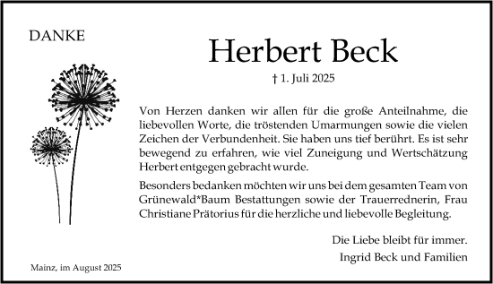 Traueranzeige von Herbert Beck von Allgemeine Zeitung Rheinhessen-Nahe