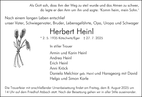 Traueranzeige von Herbert Heinl von Wetzlarer Neue Zeitung