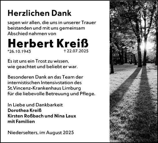 Traueranzeige von Herbert Kreiß von Camberger Anzeiger