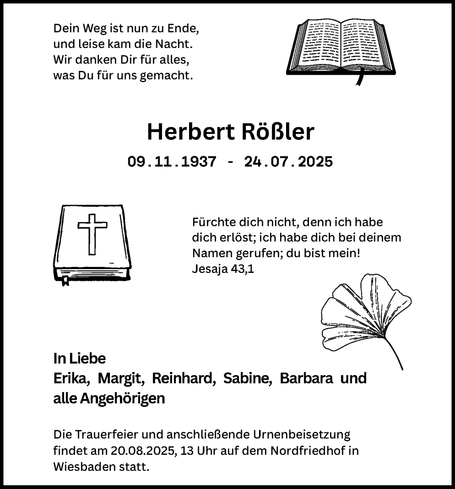  Traueranzeige für Herbert Rößler vom 09.08.2025 aus Wiesbadener Kurier
