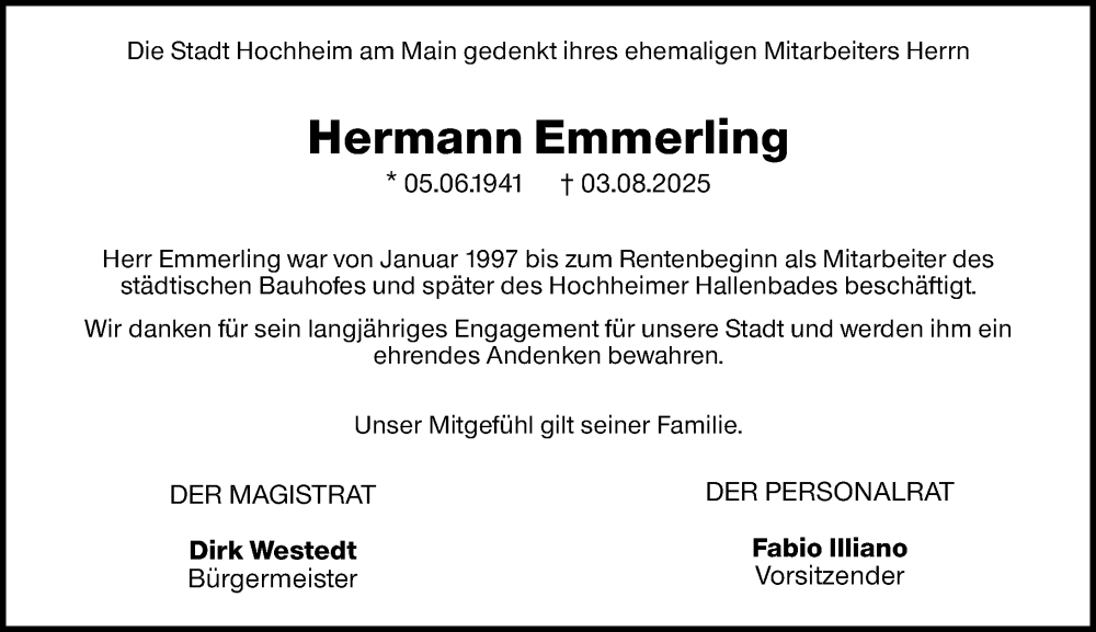 Traueranzeige für Hermann Emmerling vom 15.08.2025 aus Hochheimer Zeitung