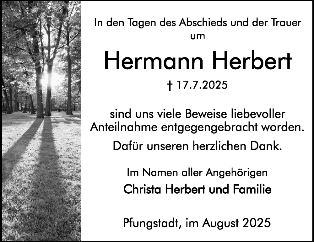  Traueranzeige für Hermann Herbert vom 09.08.2025 aus Darmstädter Echo