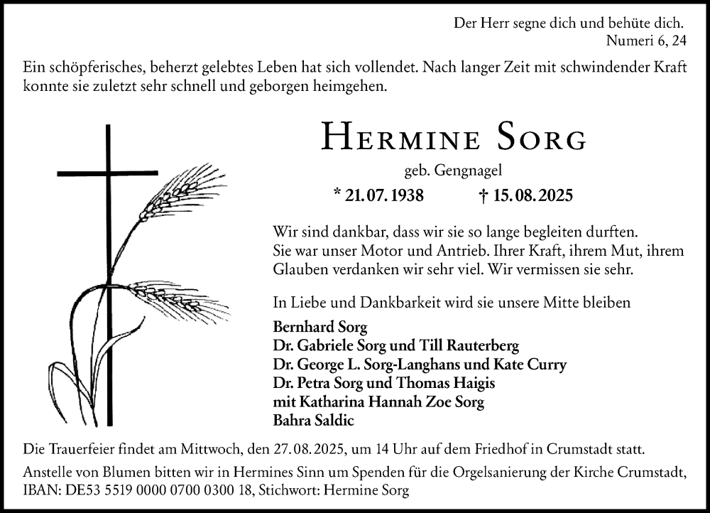  Traueranzeige für Hermine Sorg vom 23.08.2025 aus Darmstädter Echo