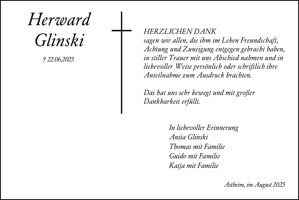  Traueranzeige für Herward Glinski vom 16.08.2025 aus Rüsselsheimer Echo