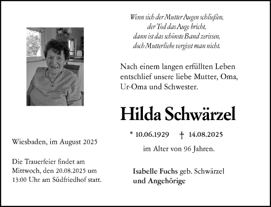 Traueranzeige von Hilda Schwärzel von Wiesbadener Kurier
