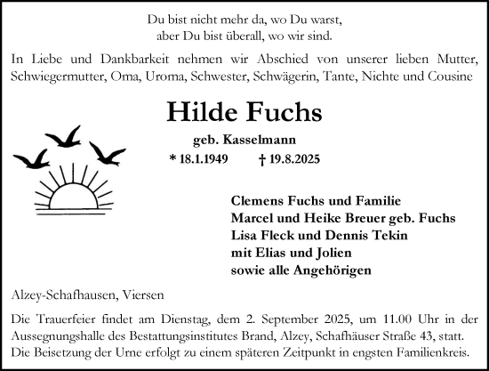 Traueranzeige von Hilde Fuchs von Allgemeine Zeitung Alzey