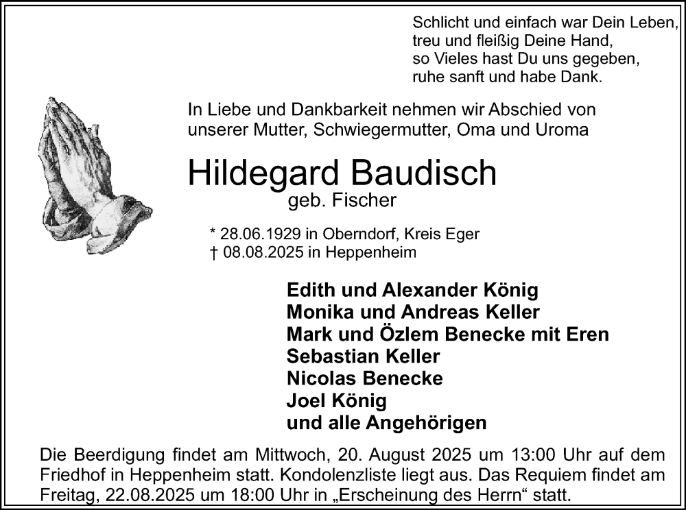  Traueranzeige für Hildegard Baudisch vom 16.08.2025 aus Starkenburger Echo
