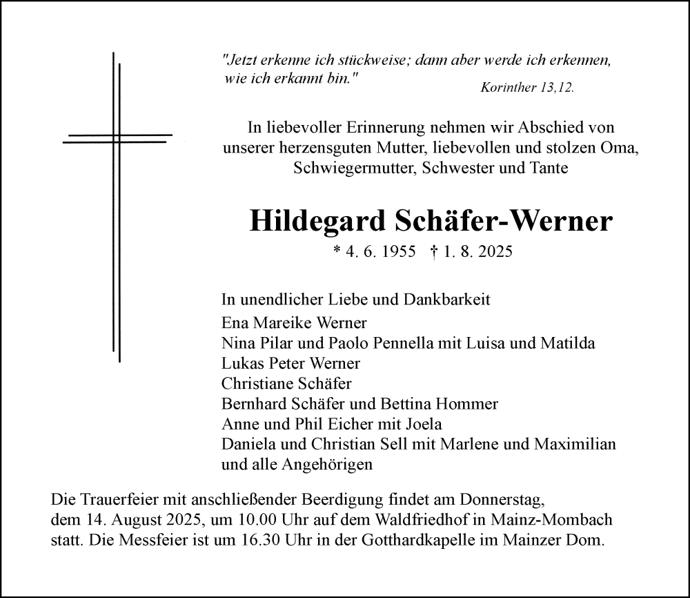  Traueranzeige für Hildegard Schäfer-Werner vom 09.08.2025 aus Allgemeine Zeitung Mainz